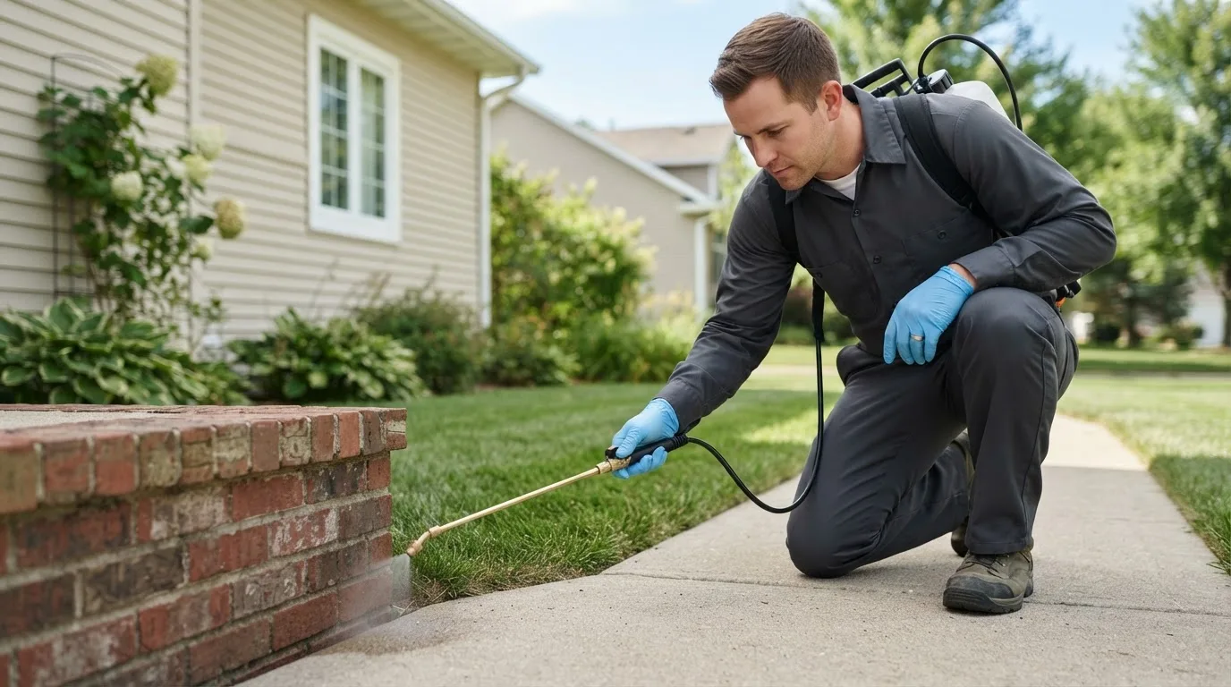 Pest control technician treating a home near Stotts City, MO