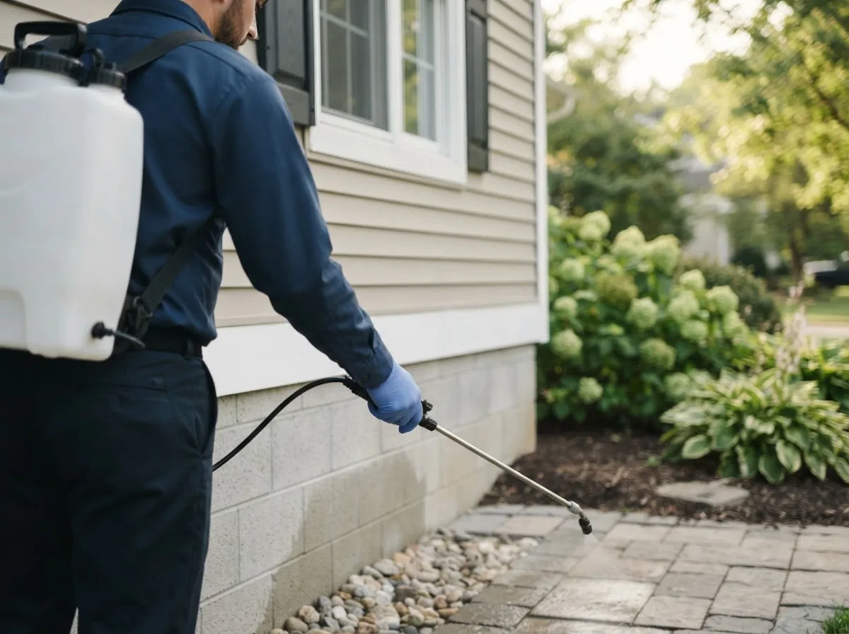 Pest control technician inspecting a home in Stotts City, MO